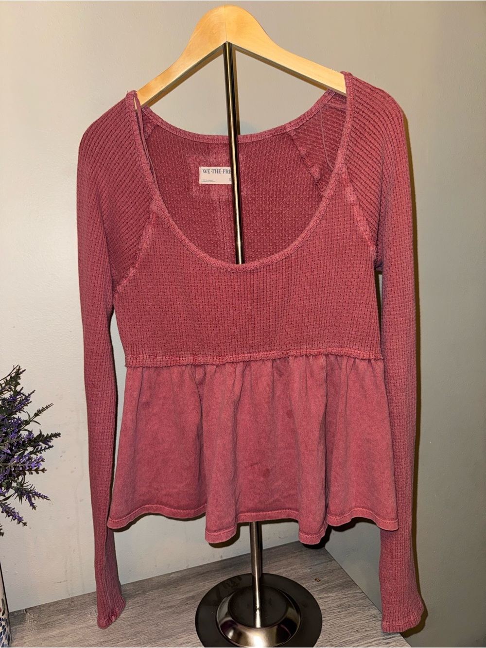 We The Free Mauve Waffle-Knit Long Sleeve Peplum Top